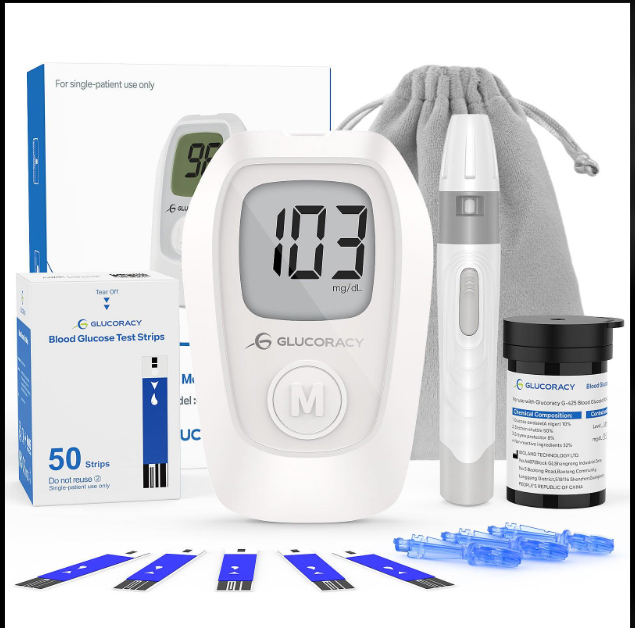 Glucoracy glucometer displaying a blood sugar reading, surrounded by test strips and a lancing device