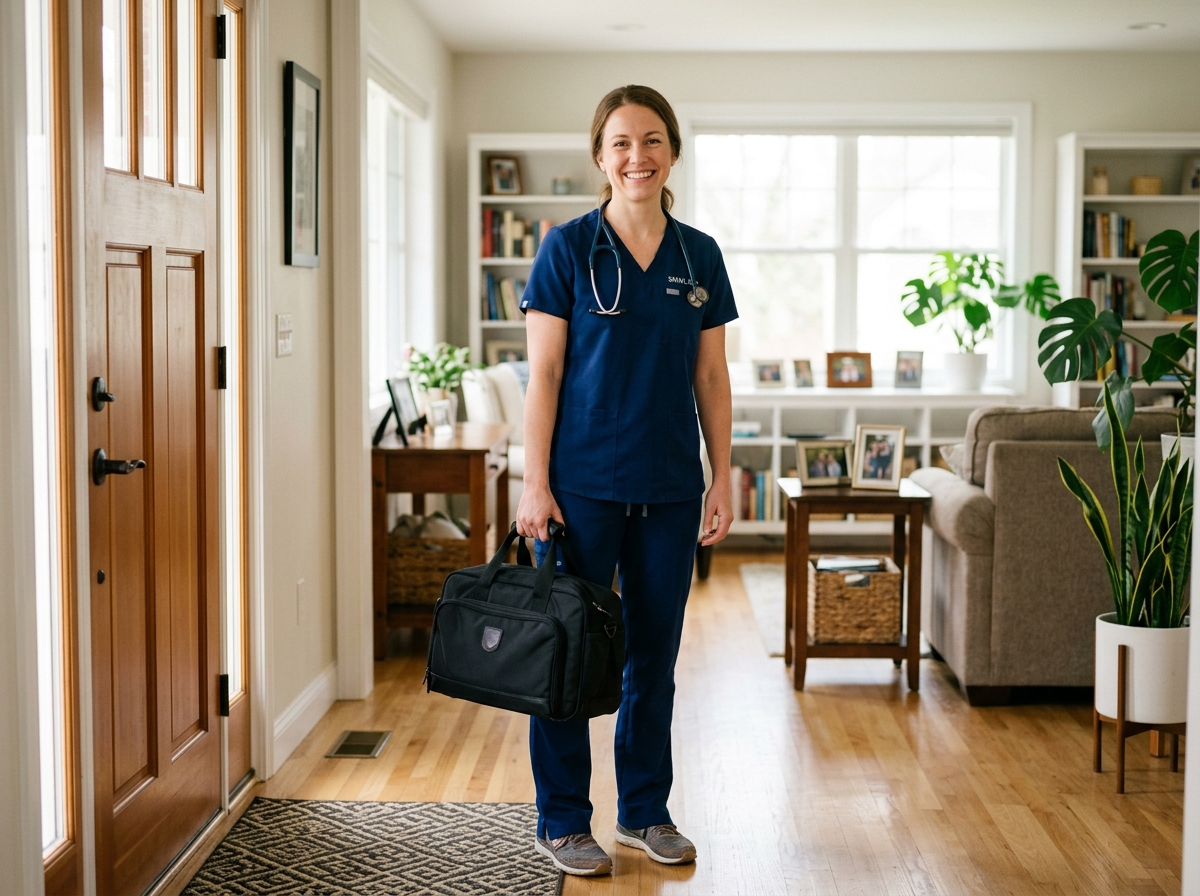 Nurse in scrubs carrying a medical kit and stethoscope arriving at a patient's home for a doorstep visit